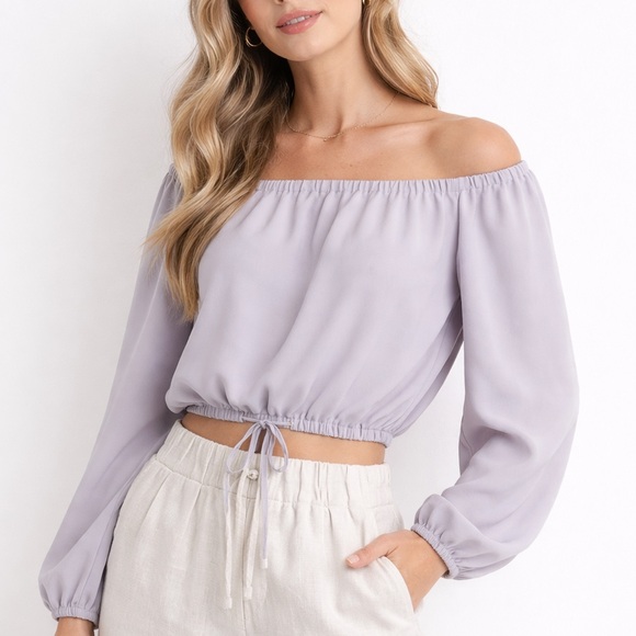 Wilfred Aritzia Lilac Off Shoulder Cropped Blouse Balloon Sleeve Tie Hem Top M - Picture 3 of 5